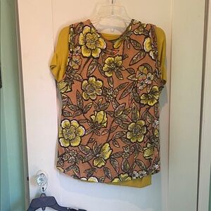 LOFT Yellow and Brown Floral Short Sleeve Top
